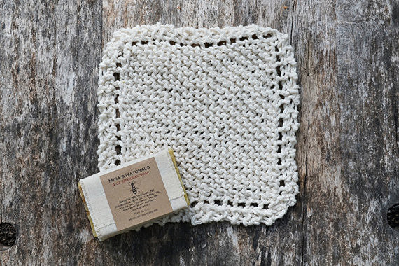 Bath Gift Set - Mira's Naturals Beeswax & Raw Honey Soap and Hand-knit Natural Cotton Washcloth